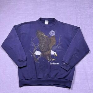 Vintage Tultex Mens Indiana Bald Eagle Graphic Sweatshirt‎ Pullover Navy Blue L